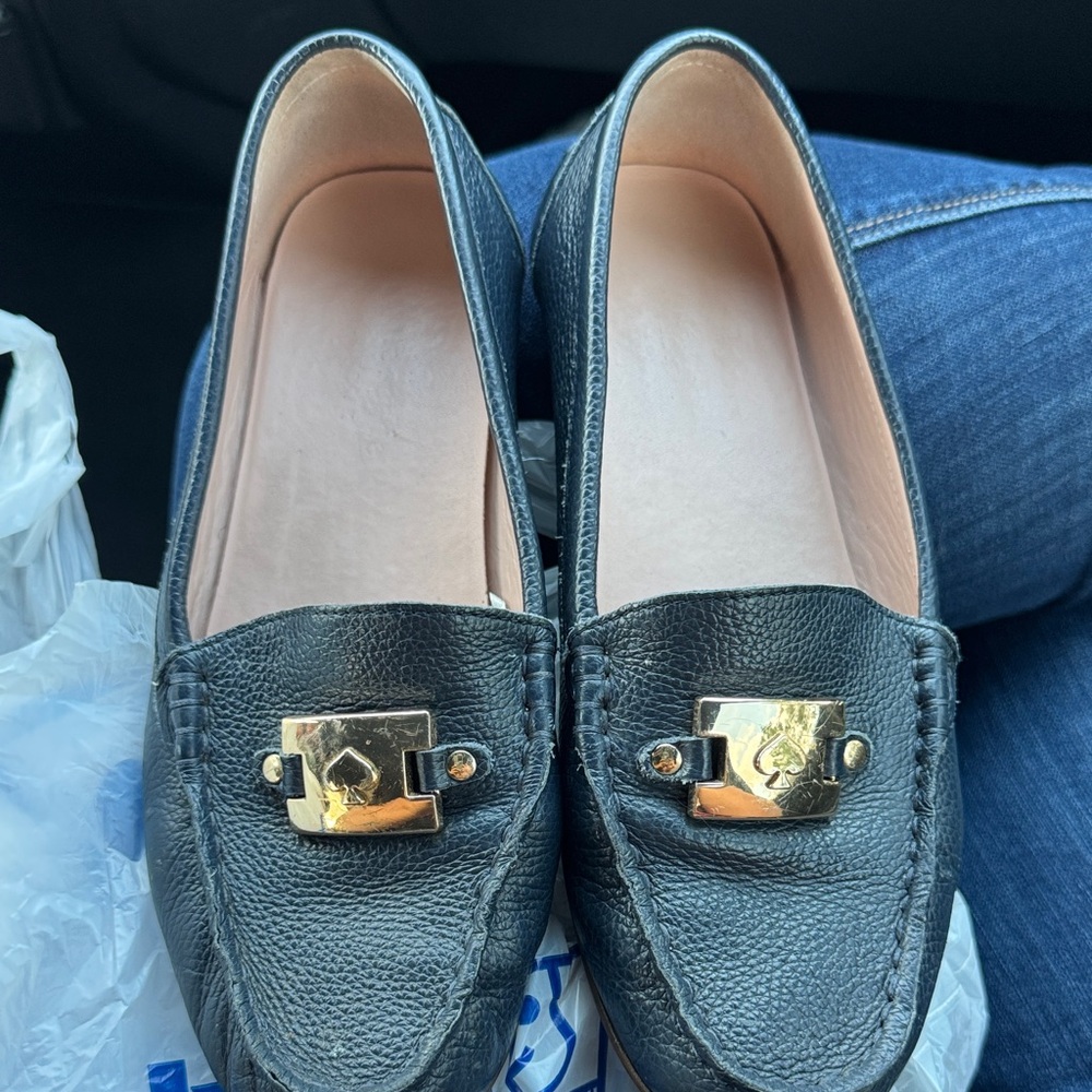 Kate Spade Black Leather Loafers with Gold Buckle